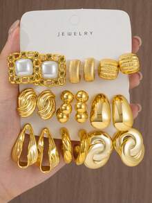 6/18pcs Square + Faux Pearl, C-Shaped Round Twisted Multi-Style Earrings, Fashionable Elegant Exquisite Jewelry, Perfect For Parties, Travel, Daily Casual Wear - Gold - View 7