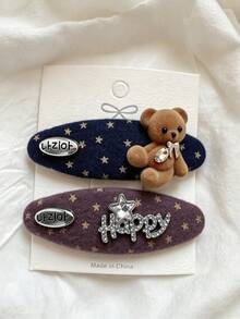 2pcs Blue Plaid Bear Embroidery Hair Clip Set, Polka Dot Bow Fabric Side Bangs Clip, Sweet Versatile Hair Accessory - Multicolor - View 17