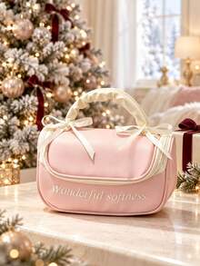 1pc Sweet Style Cosmetic Bag, Faux Leather Makeup Organizer, Desktop Beauty Storage Bag, Travel Toiletry Storage Pouch, Rectangular With Ribbon Handle Design, For Cosmetics, Skincare, Bedroom, Travel, Daily Holiday Use,Christmas,Christmas Present - Multicolor - View 6