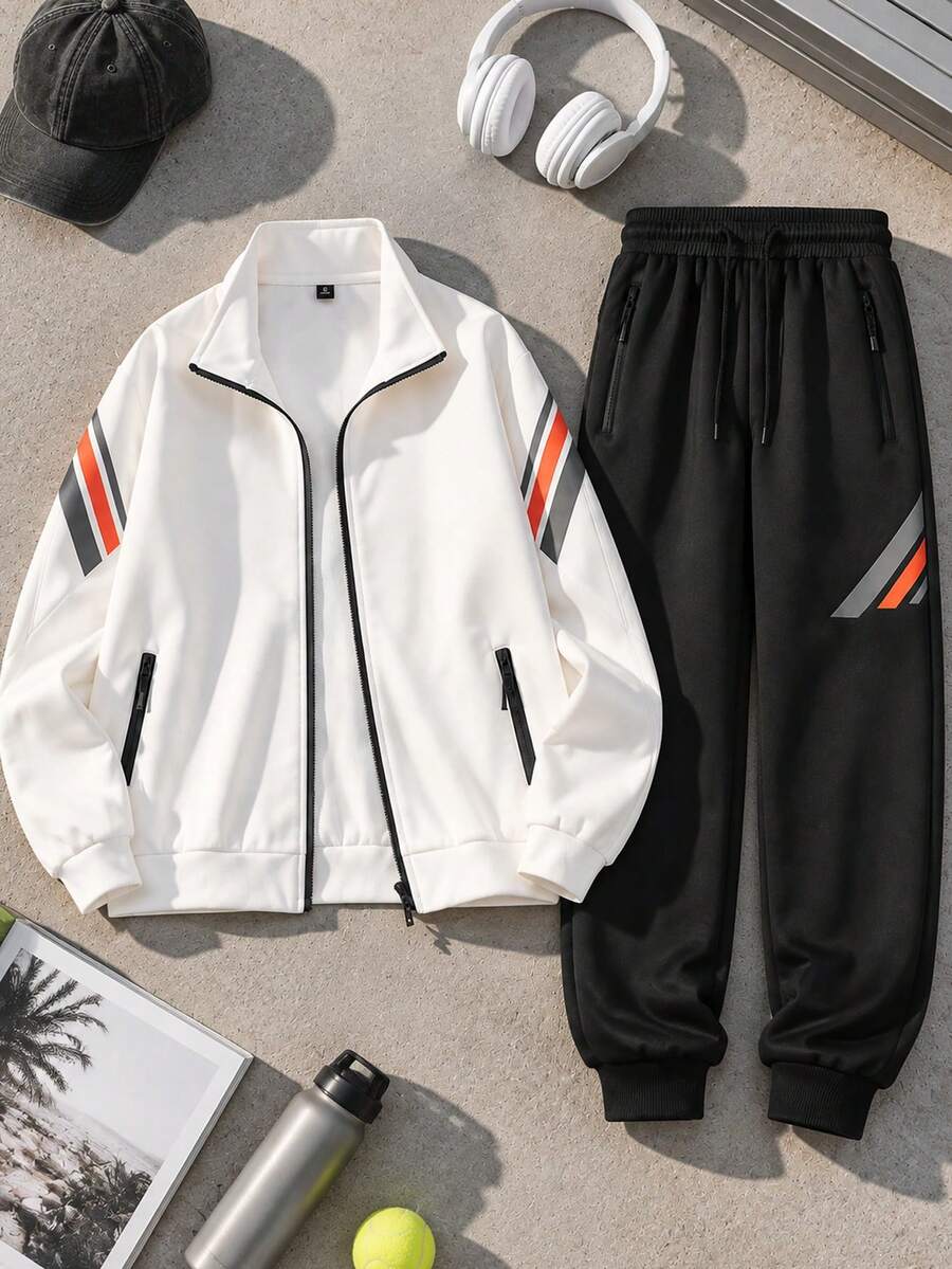 Men's Autumn 2 Pieces Sports Set, Stand Collar Zip-Up Jacket + Gradient Cuffed Sweatpants, Contrast Stripe Decoration, Street Casual Daily Wear - White - View 1