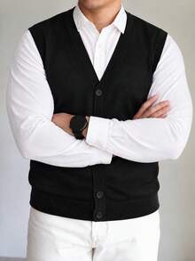 Plus Size Men's V-Neck Knit Vest, Single-Breasted Sleeveless Sweater Cardigan, Casual Layering Inner Wear Outerwear, Spring/Autumn - Black - View 2