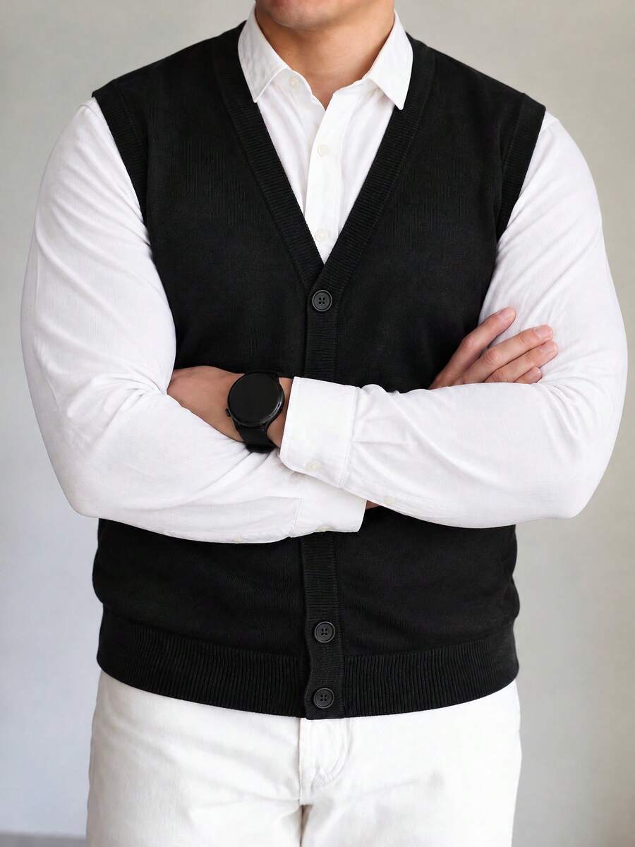 Plus Size Men's V-Neck Knit Vest, Single-Breasted Sleeveless Sweater Cardigan, Casual Layering Inner Wear Outerwear, Spring/Autumn