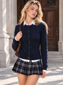 Teen Girls Y2K Vintage Cable Knit Cardigan, Front Button Long Sleeve Slim Fit Sweater Top, Preppy Street Style, Autumn/Winter Campus Daily Outfit - Navy Blue - View 3