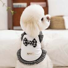 1pc Black & White Plaid Ruffle Pet Camisole, Soft Breathable Cotton Sleeveless Dog Top With Bow, Spring/Summer Small Cat & Dog Clothes For Teddy, Bichon, Pomeranian, Yorkshire Terrier - White - View 8