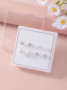 4 Pairs Faux Pearl Heart Shaped Delicate Minimalist Stud Earrings Set, Suitable For Daily Wear And Gatherings - Multicolor - View 8