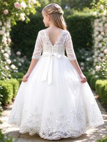 Tween Girl Backless Studded Pearl Midi Dress, Embroidered Floral Sequin Mesh Skirt, Princess Dress For Teens, Flower Girl Wedding Party Formal Gown - White - View 2