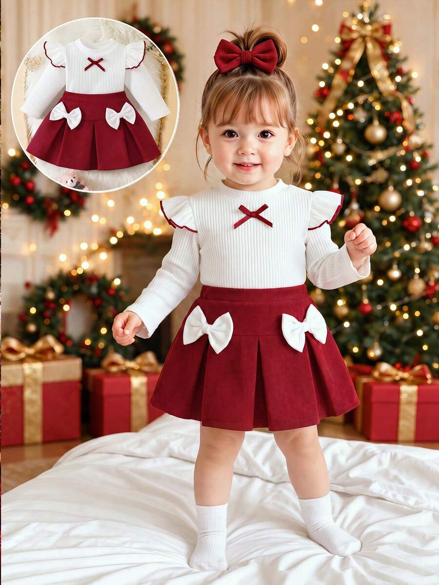 Baby Girl Bow Long Sleeve Top + Pleated Skirt 2pcs Set, Autumn/Winter Red Outfit, Christmas Wear, Flutter Sleeve Undershirt, Red Skirt, Sweet And Cute