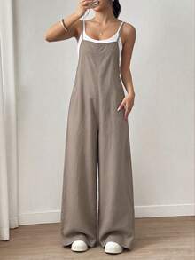 Women's Long Jumpsuit, Sleeveless Spaghetti Strap Design, Button And Pocket Details, Fashionable Casual Jumpsuit Summer Elegant - Coffee Brown - View 1