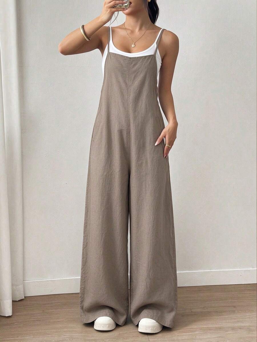 Women's Long Jumpsuit, Sleeveless Spaghetti Strap Design, Button And Pocket Details, Fashionable Casual Jumpsuit Summer Elegant - Coffee Brown - View 1