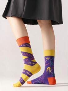 Cartoon Women's Knee-High Socks, College Style Asymmetrical Design Couple Socks - Multicolor - View 7