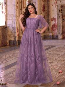 Summer/Autumn Plus Size Elegant Grey & Pink Floral Lace Square Neck Flowy Sleeve Tie Waist Beaded Maxi Dress, Suitable For Wedding Guests, Parties, Proms And Holidays - Dusty Pink - View 1