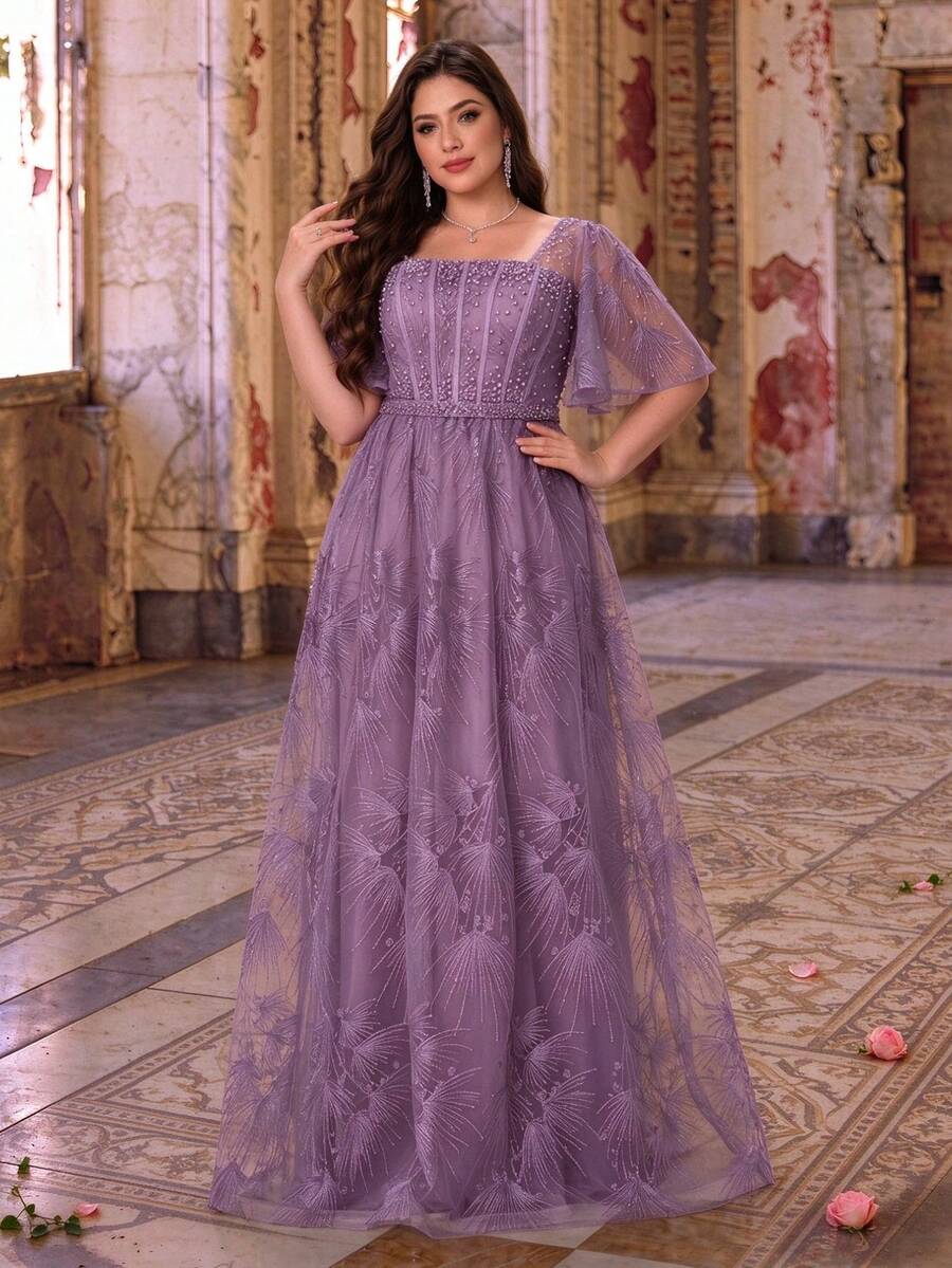 Summer/Autumn Plus Size Elegant Grey & Pink Floral Lace Square Neck Flowy Sleeve Tie Waist Beaded Maxi Dress, Suitable For Wedding Guests, Parties, Proms And Holidays - Dusty Pink - View 1