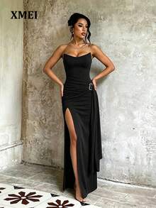 Elegant & Sexy Black Knitted Bodycon Long Dress For Women Sleeveless, Asymmetrical Neck With Slit Detail Perfect For Party & Formal Occasions Summer - Black - View 1