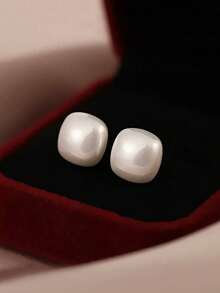1 Pair Elegant Minimalist Square Faux Pearl Stud Earrings, Suitable For Women's Daily Commute Wear - White - View 6