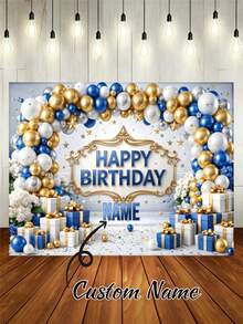 Customizable Name Blue White Gold Balloons Happy Birthday Backdrop, Blue White Floral, Gift Box, Stars, Ribbon Pattern Decorative Design For Princess/Prince Birthday, Baby Shower, Parents, Anniversary Celebration Photography Background Vinyl - Blue - View 1