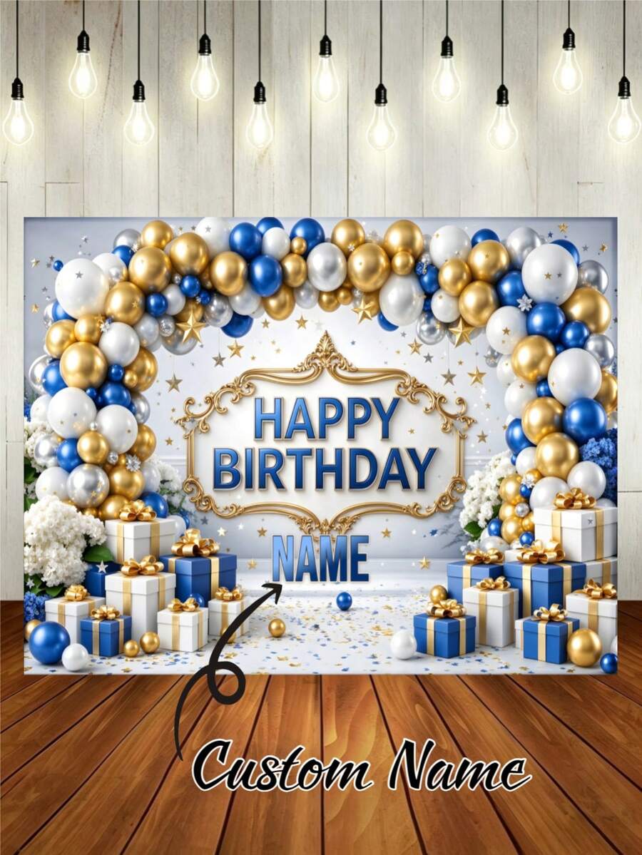 Customizable Name Blue White Gold Balloons Happy Birthday Backdrop, Blue White Floral, Gift Box, Stars, Ribbon Pattern Decorative Design For Princess/Prince Birthday, Baby Shower, Parents, Anniversary Celebration Photography Background Vinyl - Blue - View 1