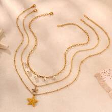 3pcs Beach Vacation Style Stainless Steel Enamel Full Rhinestone Star Pendant With Faux Pearl Men's Necklace, Brother Vacation Gift, Suitable For Vacation Wear - Gold - View 7