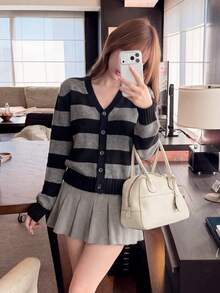 Women's Striped Deep V-Neck Knit Cardigan, Long Sleeve Regular Length, Button Detail, Slightly Elastic Loose Casual Style - Grey - View 2