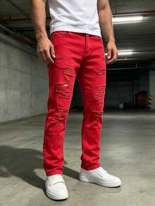 Men's All-Season Outdoor Casual Distressed Red Denim Jeans - Red - View 1