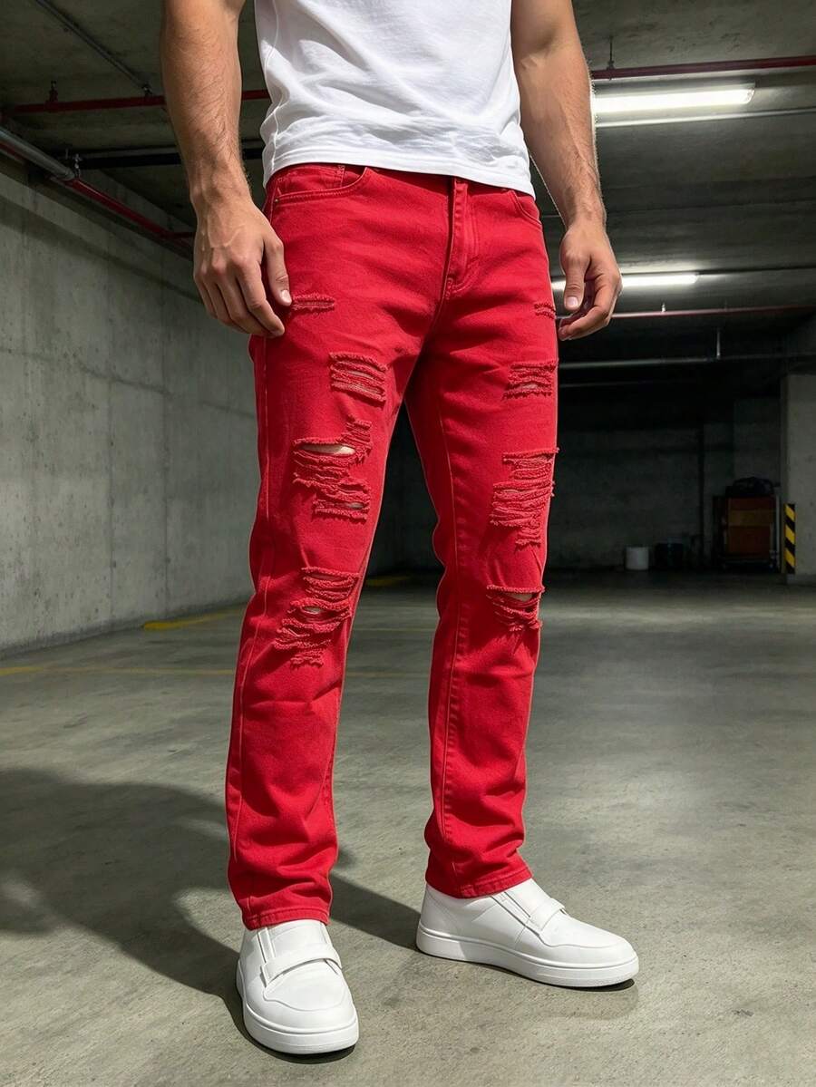 Men's All-Season Outdoor Casual Distressed Red Denim Jeans - Red - View 1