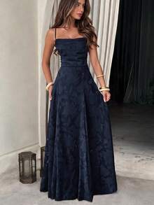 Unadoll Women's Autumn Deep Blue Floral Jacquard Maxi Dress, Spaghetti Strap Tie Back Open Back A-Line Dress, Suitable For Party, Wedding Guest And Date Night - Navy Blue - View 2