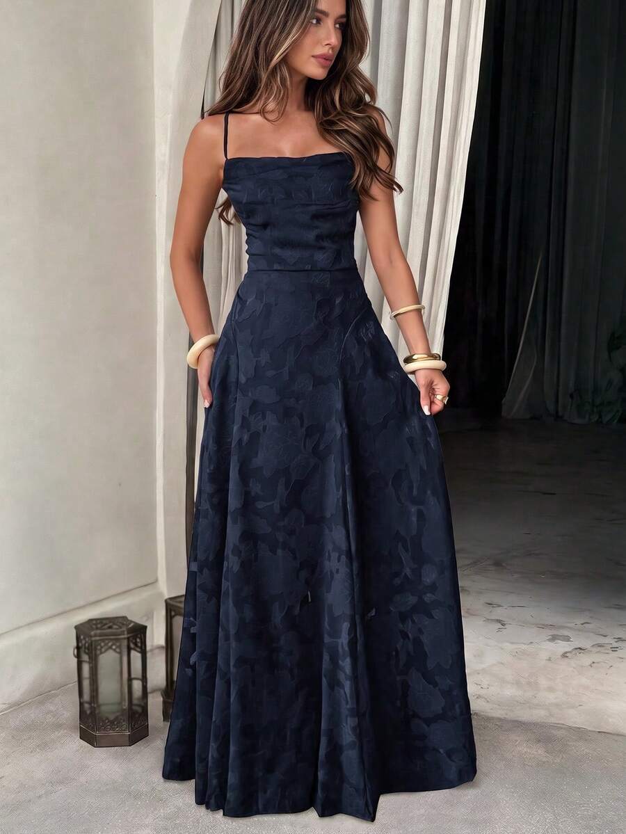 Unadoll Women's Autumn Deep Blue Floral Jacquard Maxi Dress, Spaghetti Strap Tie Back Open Back A-Line Dress, Suitable For Party, Wedding Guest And Date Night