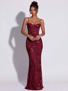 Floral Embroidered Elegant Sexy Spaghetti Strap Mermaid Party Dress For Date And Evening Event - Burgundy - View 4