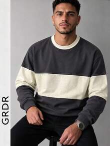 GRDR Men's Spring/Autumn Patchwork Loose Drop Shoulder Crew Neck Long Sleeve T-Shirt - Dark Grey - View 1