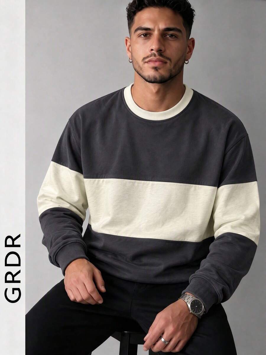 GRDR Men's Spring/Autumn Patchwork Loose Drop Shoulder Crew Neck Long Sleeve T-Shirt - Dark Grey - View 1