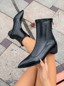 Women's Ankle Boots And Ankle Boots With Back Zipper Design, Seamless Side Style, Pointed Toe, Medium Thick Heel, Solid Color, Suitable For Office Commute, Weekend Date, Daily Shopping, Autumn/Winter Women's Boots, Ankle Boots, Slim Boots - Black - View 4