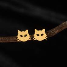 1 Pair Minimalist Cat Face Stud Earrings, Stainless Steel Cute Animal Ear Studs For Women Men - GED752 - View 2