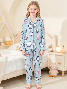 Girls Cute Bear All-Over Print Turn Collar Button Long Sleeve Top + Pants 2-Piece Pajama Set, Soft And Comfortable Loungewear, Suitable For 8-12 Years Old - Blue - View 7