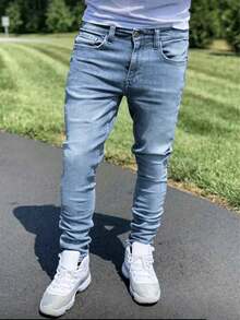 1pc YK2 Plus Size Men's Slim Fit Skinny Jeans Streetwear - Light Wash - View 4