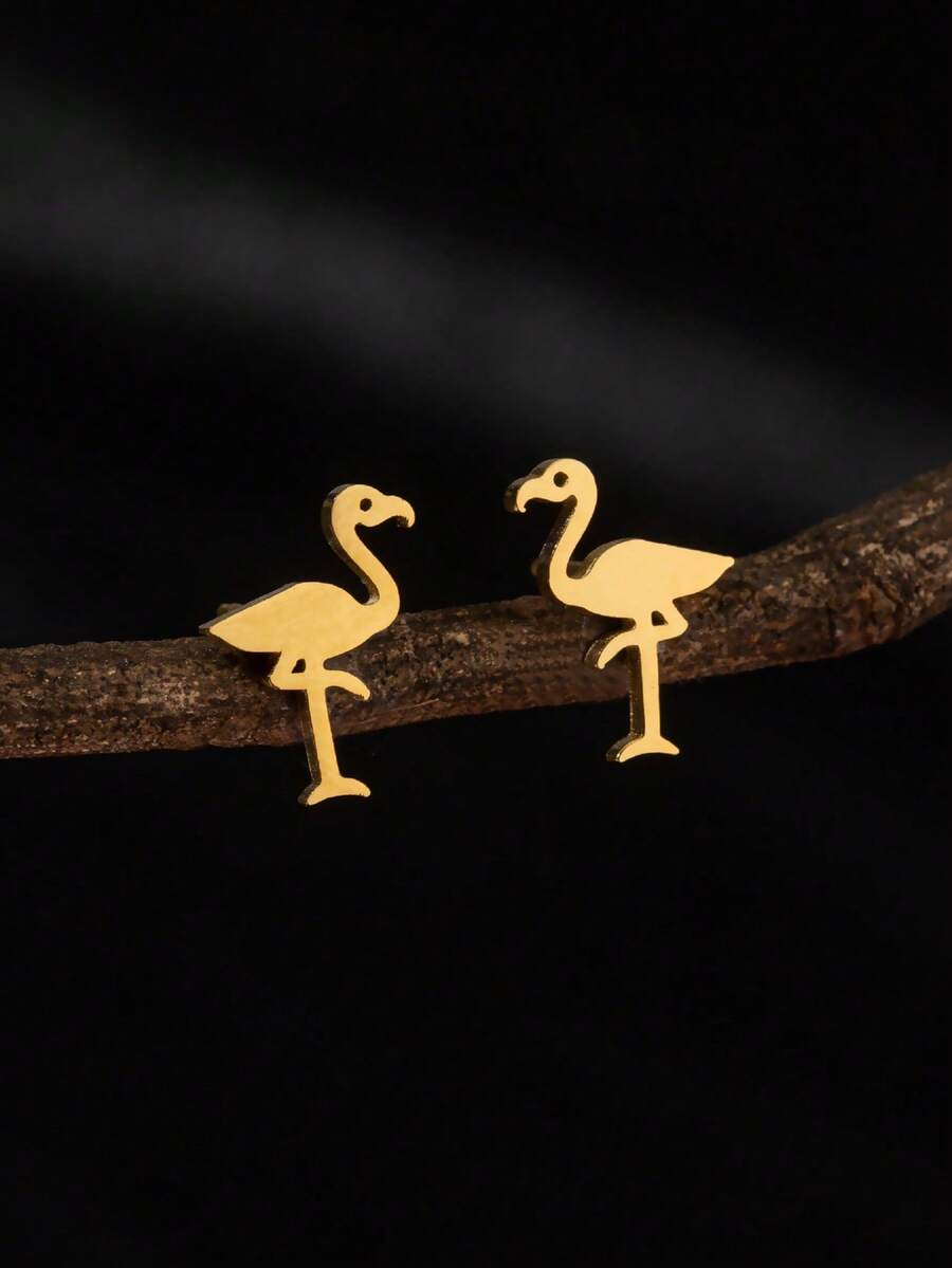 1 Pair Cute Flamingo Stud Earrings, Stainless Steel Minimalist Bird Animal Jewelry Gift - GED769 - View 1