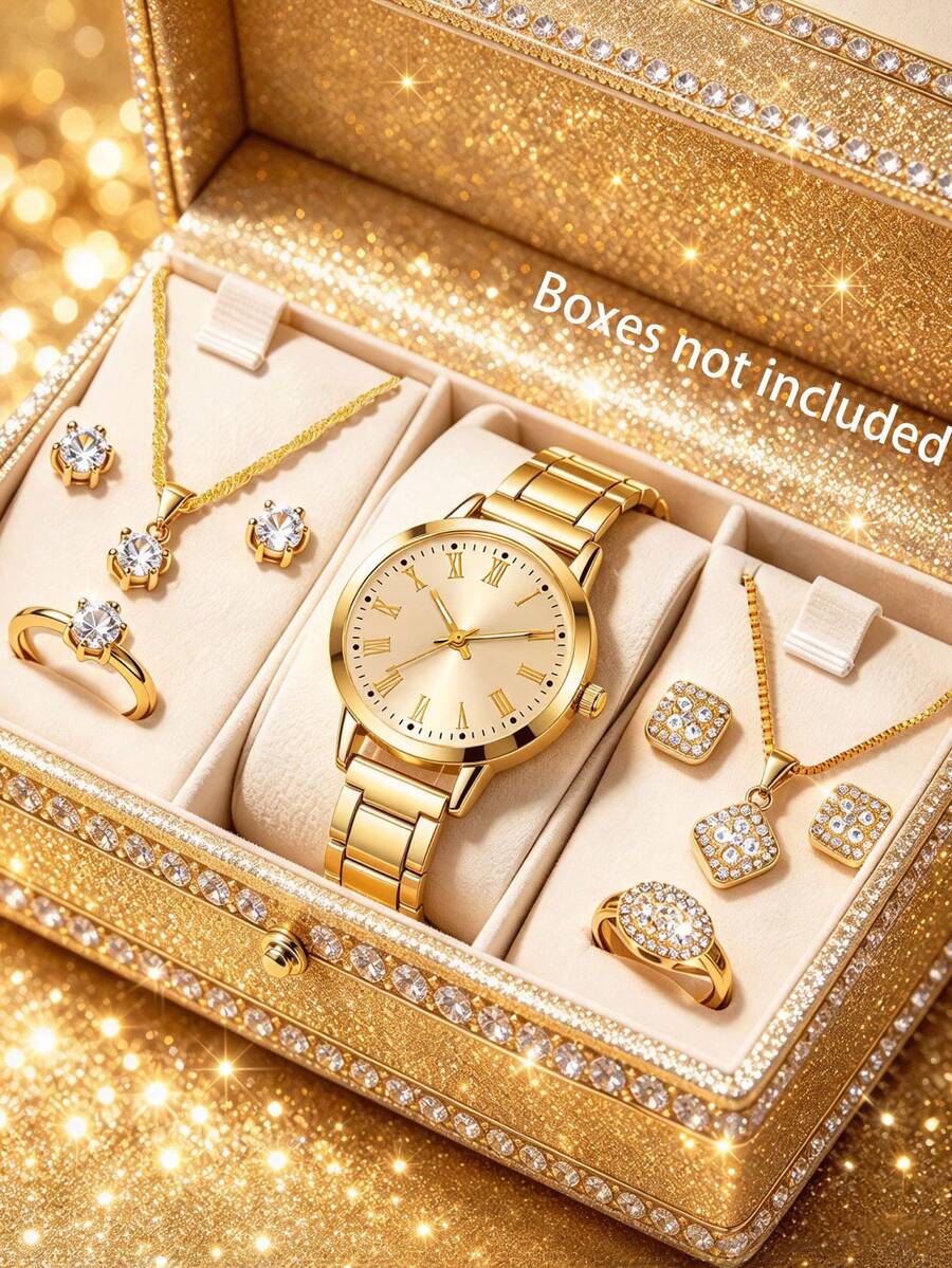 9pcs Zinc Alloy Women's Quartz Watch Set, Crystal Decorated, Simple And Elegant, Ideal For Daily Casual Wear, Also A Great Gift, Packaging Box Not Included - White - View 1