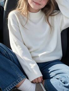Girls Mock Neck Solid Knit Sweater, Cozy Long Sleeve Pullover For Fall Winter - White - View 1