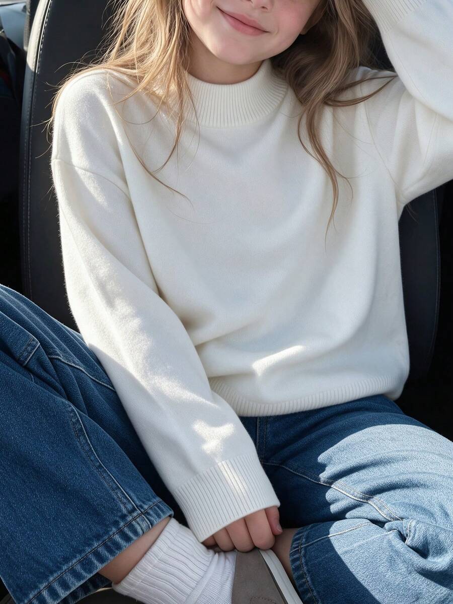 Girls Mock Neck Solid Knit Sweater, Cozy Long Sleeve Pullover For Fall Winter - White - View 1