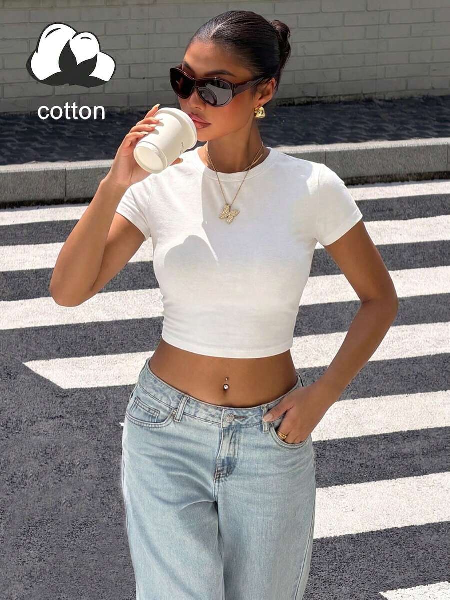 Women's English Slogan Print Round Neck Short Sleeve Casual Spring Summer T-Shirt Top - White - View 1