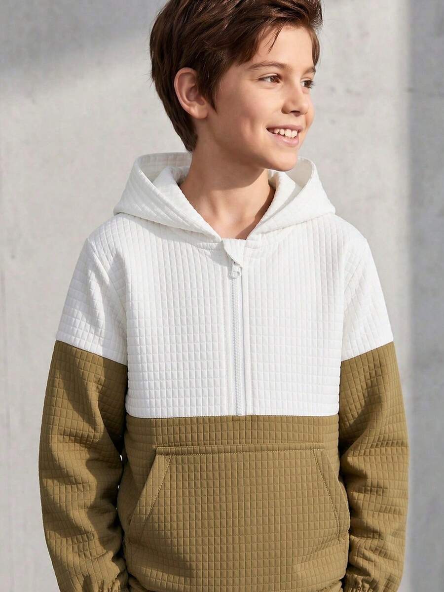 1pc Tween Boys Casual Cute Lightweight Hooded Half-Zip Jacket, Suitable For Travel And School, Perfect For Autumn/Winter Wear - Beige - View 1