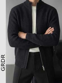 GRDR Men's Crew Neck Long Sleeve Double-Zipper Cardigan Sweater, Versatile For Daily Wear - Black - View 2