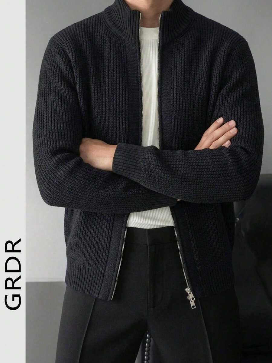 GRDR Men's Crew Neck Long Sleeve Double-Zipper Cardigan Sweater, Versatile For Daily Wear