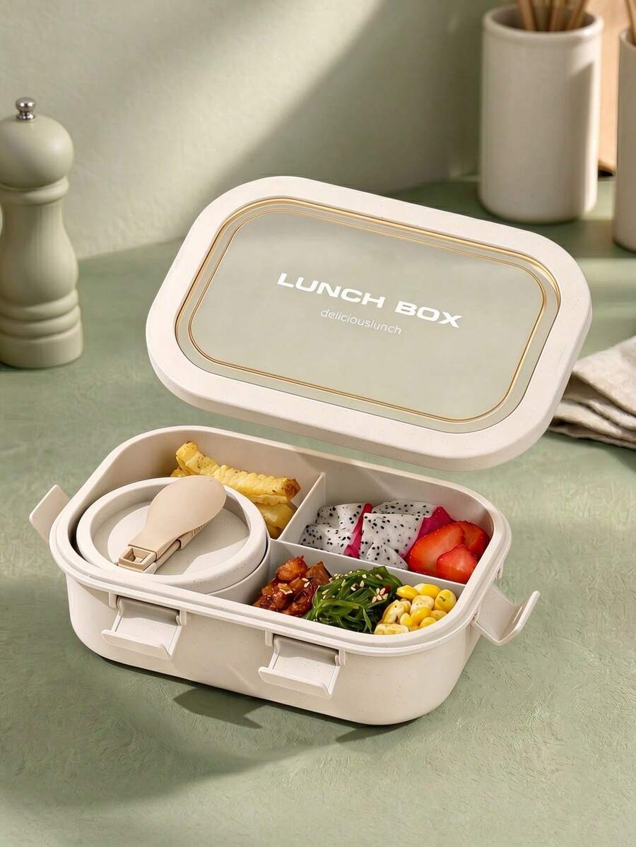 1pc Lunch Box - Beige - With Utensils, Microwaveable Bento Box, Adult Lunch Box With Soup Bowl Set, Compartment Food Storage Container, Lunch Bag, Suitable For Christmas Gift, Student Back To School, Birthday Gift, Wedding, Holiday Souvenir