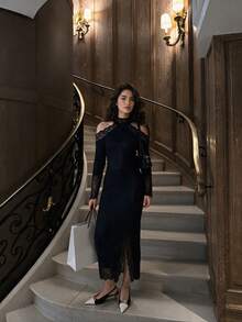 2026 Women's Elegant Versatile Cold Shoulder Lace Patchwork Long Sleeve Dress, Split Hem, Suitable For Commuting, Outings, Shopping, Dating, Back To School Season And More - Black - View 5