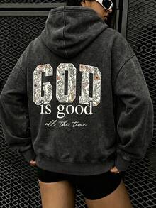 Plus SizeUnisex Vintage Washed Sweatshirt, Floral Slogan Back Print Loose Long Sleeve Casual Pullover, Autumn/Winter Black Fall - Black - View 7