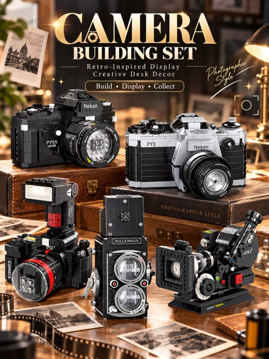 600+ Pcs Camera Series Building Block Set, Vintage DSLR Twin Lens Flash & Cinema Camera Models, Creative Assembly Puzzle For Teens & Adults, Photography Collectible, Office Desk Decor, Birthday Gift, Christmas Gift, Back To School - Multicolor - View 1