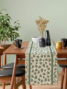 1Pc Christmas Table Runner Green Pine Needle Leaf Pattern With Striped Border Table Flag, Farmhouse Rustic Winter Table Decor For Dining Table, Kitchen, Holiday Party, Home Xmas Tabletop Decoration - Green - View 1
