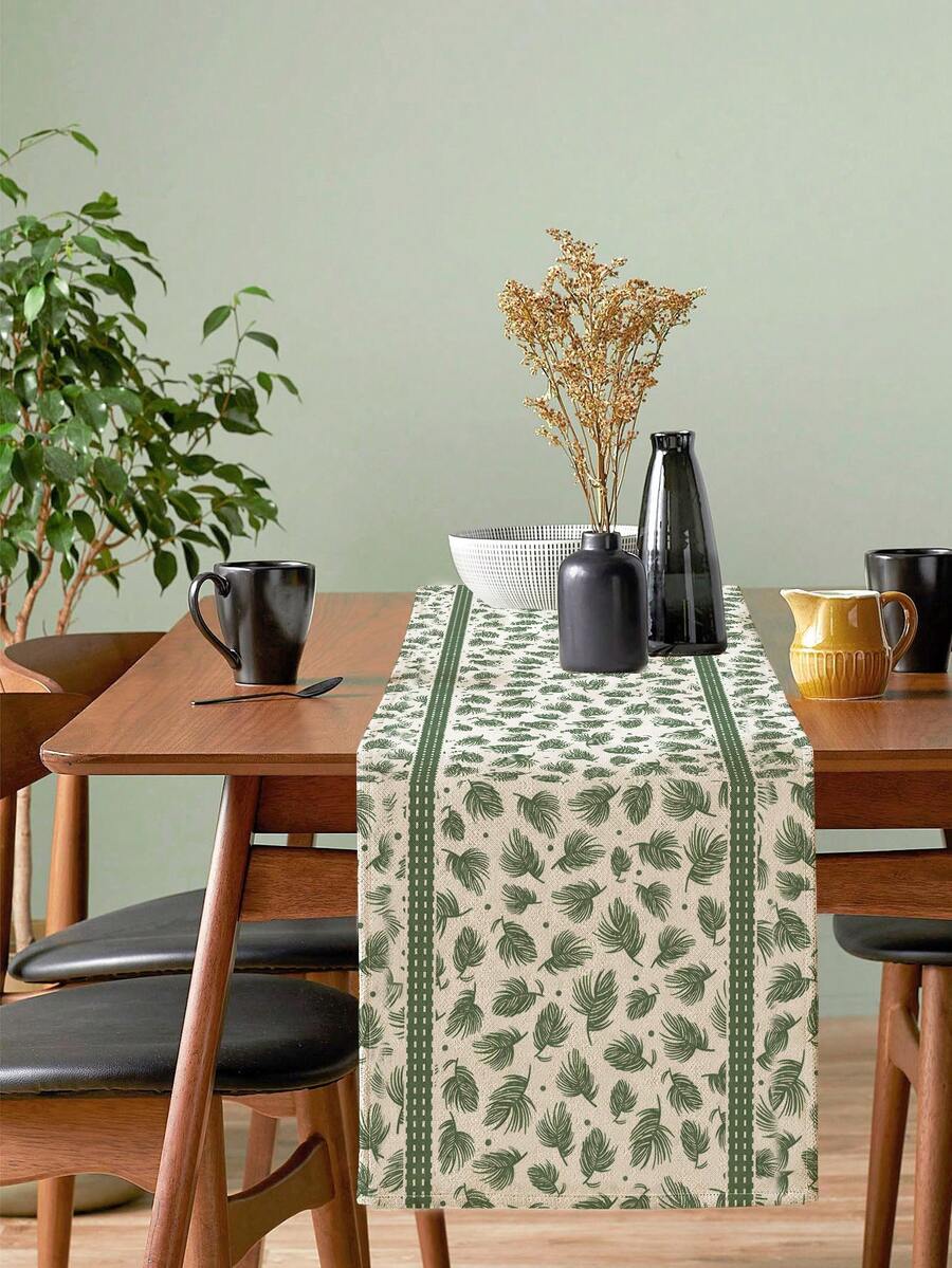 1Pc Christmas Table Runner Green Pine Needle Leaf Pattern With Striped Border Table Flag, Farmhouse Rustic Winter Table Decor For Dining Table, Kitchen, Holiday Party, Home Xmas Tabletop Decoration - Green - View 1