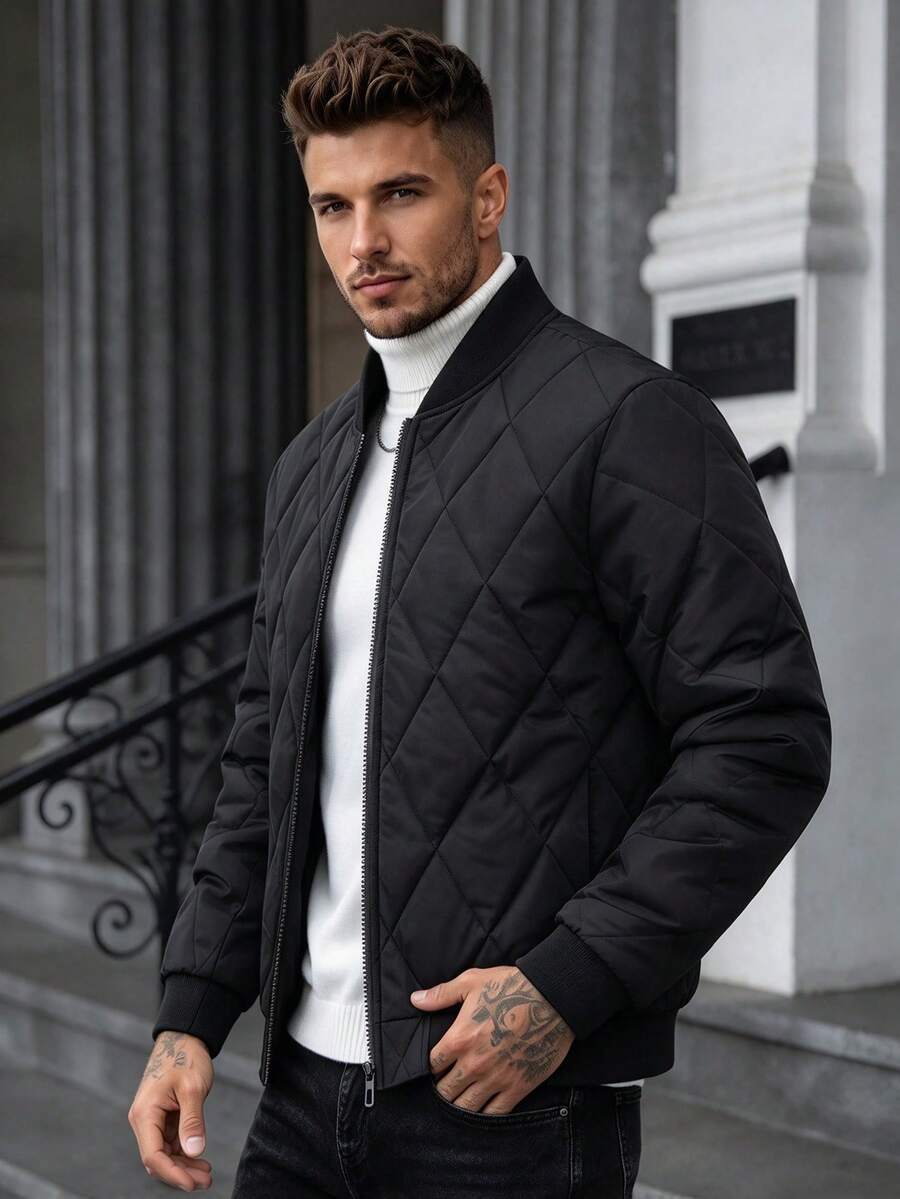1pc Men's Autumn/Winter Baseball Collar Quilted Diamond Pattern Jacket, Lightweight Zipper Padded Coat, Casual Commute Outerwear - Black - View 1