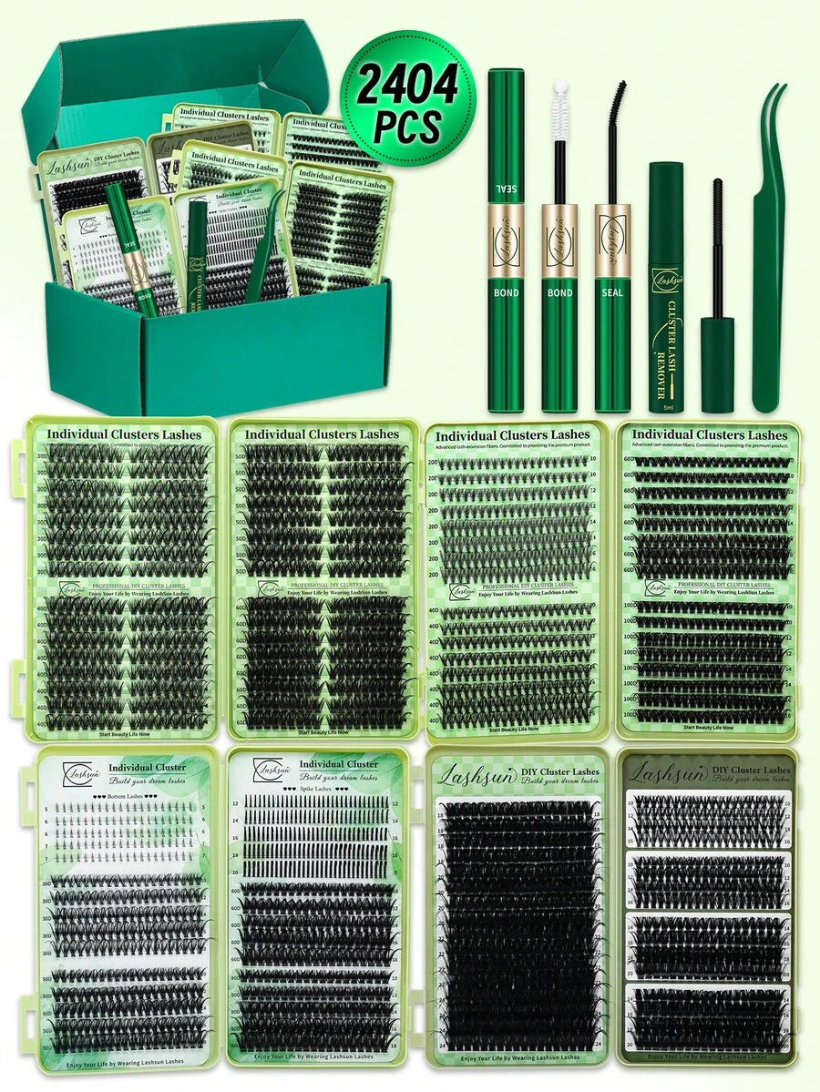 Lashsun 2404 PCS Cluster Eyelash Set D Curl 14 Styles Cat/Wispy/Manga/Volume/Bottom/Spike Lashes, Kit With Bond&Seal Lash Remover Lash Applicator, Perfect For Beginners&Proficient, DIY At Home Easily, Easy Apply For Makeup Daily - Black - View 1