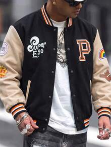 1pc Men's Black Spring/Autumn Jacket, Multi-Element Letter Print Design, Soft & Comfortable Knitted Fabric, Anti-Pilling, Anti-Wrinkle, Durable, Wear-Resistant, Street Hip-Hop Style, Daily Commute, Versatile Casual Jacket - Black - View 4